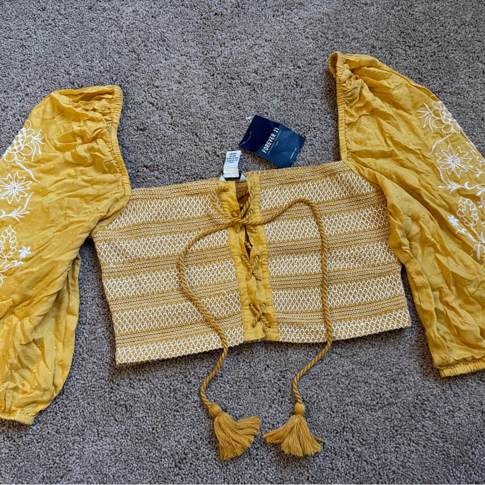 Forever 21 Yellow Cream Smocked Tie Front Crop Top